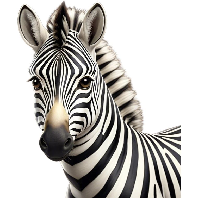 Cinematic Noble Zebra Portrait Emoji, Poised and regal, with a lean, elegant build and a striking Fur of bold black and white stripes, deep-set soulful piercing eyes, Simplified yet sharp and sophisticated features, highly detailed, glowing with a soft, dignified glow, high shine, intelligent and graceful, stylized with an air of savannah chic, focused and attentive, soft glowing outline, capturing the essence of a watchful and confident equine, so majestic it feels as though it could gallop out of the screen with effortless authority! emoji