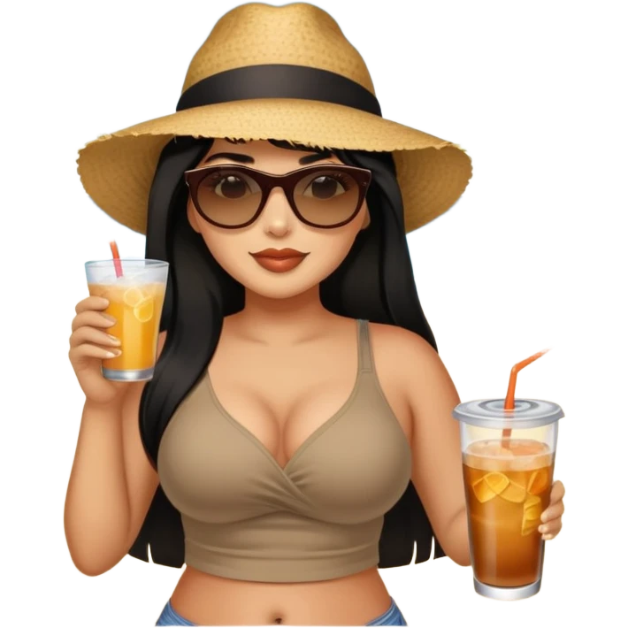 Latina female with bangs black long hair plus size in the beach with a drink emoji
