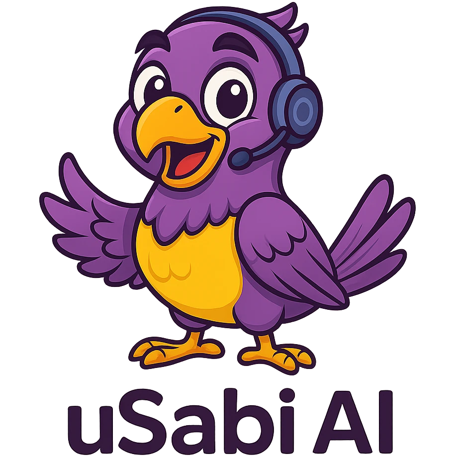 cheerful Nigerian parrot mascot for 'uSabi AI' with expressive eyes, purple and yellow feathers, subtle tech element like a headset, modern and playful style emoji