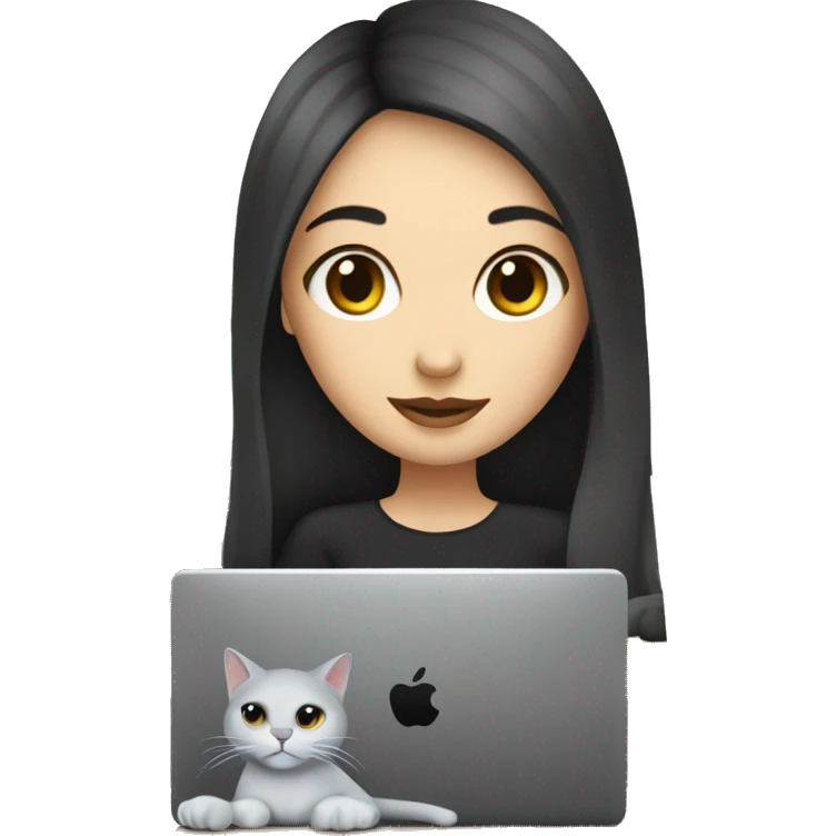 A white skin girl with black hair is working at the laptop with a coffee and a grey cat emoji