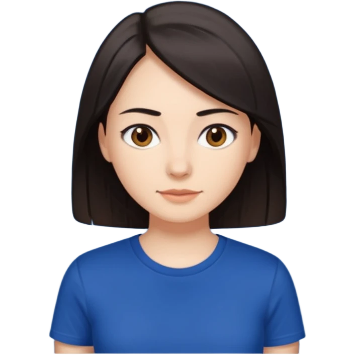 Una donna con una maglietta a mezze maniche blu scuro,capelli lisci e mori occhi marroni emoji