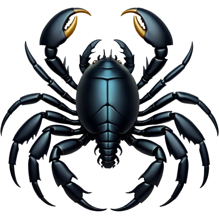 Cinematic Noble Emperor Scorpion Portrait Emoji, Poised and formidable, with a robust, armored build and a glossy, jet-black exoskeleton accented by striking, segmented pincers, deep-set piercing eyes, Simplified yet sharp and sophisticated features, highly detailed, glowing with a cool, dignified glow, high shine, intelligent and imposing, stylized with an air of ancient desert majesty, focused and attentive, soft glowing outline, capturing the essence of a watchful and commanding scorpion that feels as though it could silently creep out of the screen with effortless authority! emoji