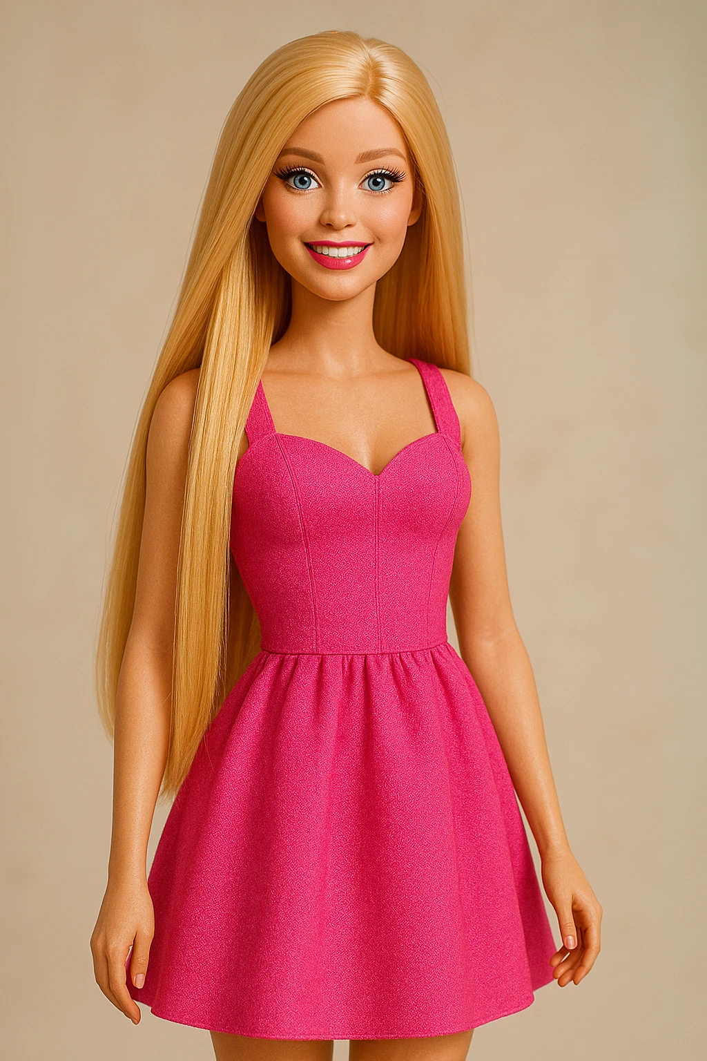 Barbie doll with long straight blonde hair, pink dress, smiling, standing pose emoji