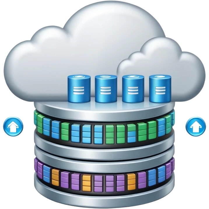 An icon featuring a database server, stacked data disks, and a cloud symbol, representing databases. The design includes binary code, a data structure diagram, and network connections, symbolizing data storage, management, and organization. Transparent background emoji