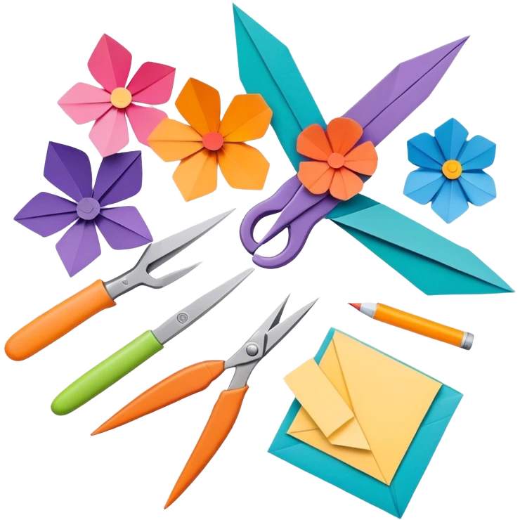 Paper crafting icon, various paper crafts like origami, 3D paper flowers, and scrapbooking materials, visible tools such as scissors, glue stick, and colour paper sheets, colorful paper patterns, minimalistic style, clean lines, transparent background. emoji