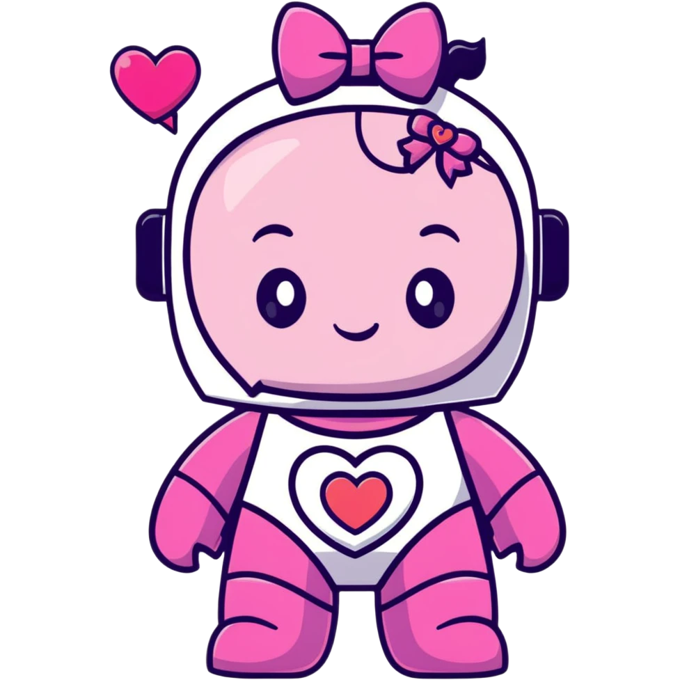 adorable pink robot girl with a hair bow and heart patterns emoji