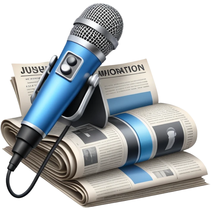An icon featuring a microphone, a newspaper, a reporter’s camera, and soundwaves, representing journalism and mass media. The design includes headlines and imagery, symbolizing the spread of news and information. Transparent background highlights the power of communication and media. emoji