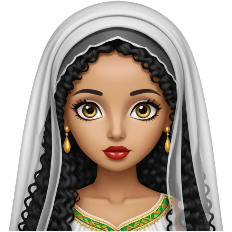 Ethiopian, pretty features, pretty lips, Ethiopian clothes, veil, medium skin, long black curly hair, pretty bratz baddie, black eyeliner emoji