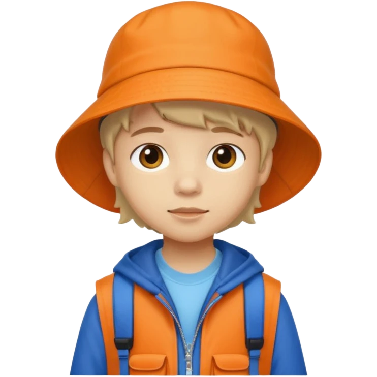 A little student with beige bucket hat, orange jacket, blue backpack emoji