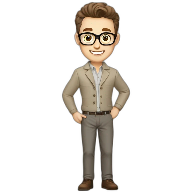 Joyful Pale skinned Fit Man With dark brown hair in gray jacket, beige office shirt, Brown pants and vintage glasses. His thrumbs up emoji