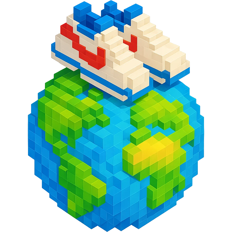 isometric view of Earth globe with a pair of Nike Cortez sneakers walking on top, voxel style emoji