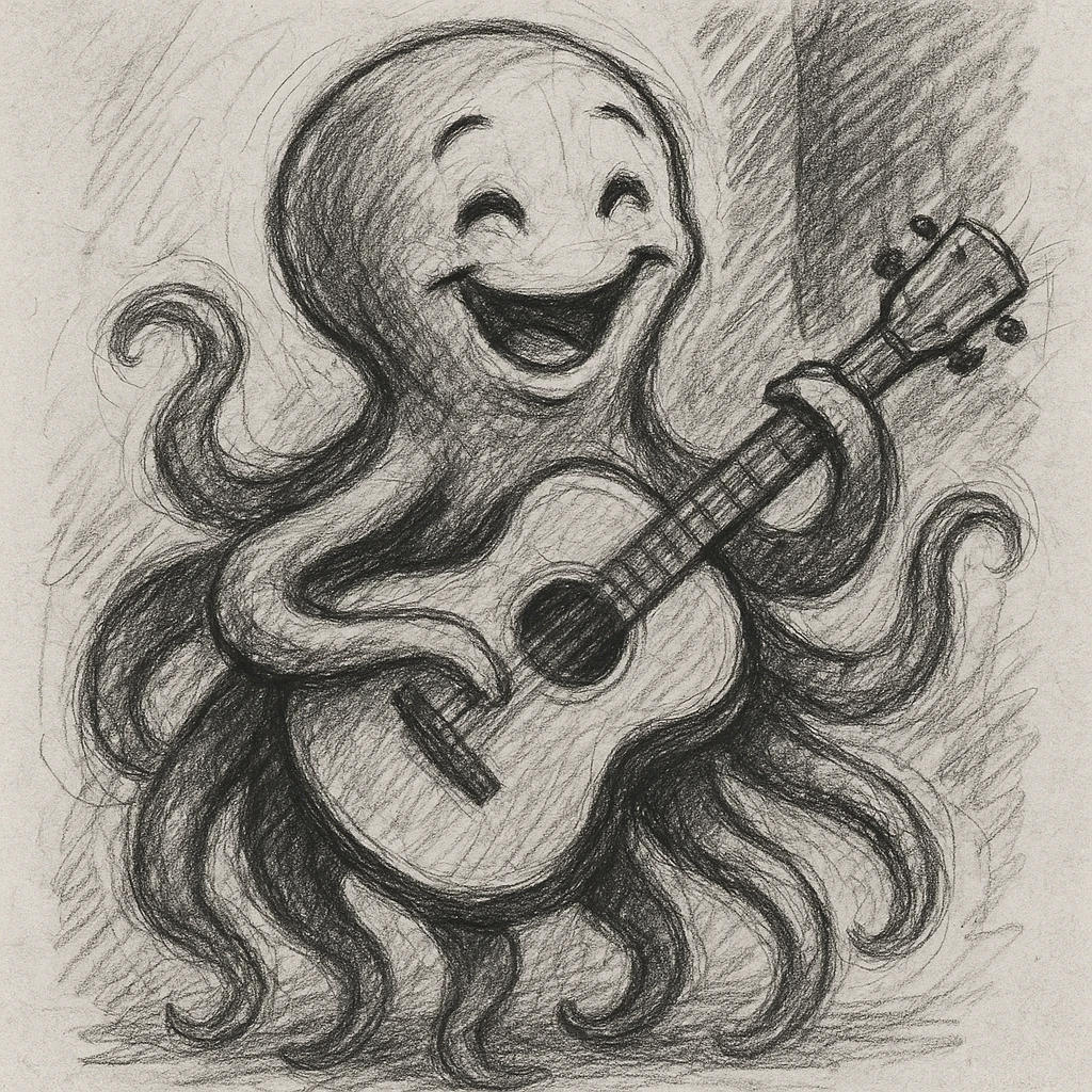 happy octopus with multiple arms playing guitar emoji