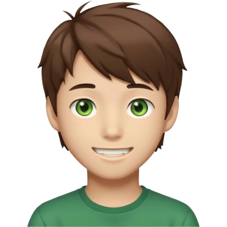 Discord emoji. the face of an Anime asian style teen boy with brown hair, green eyes, looking smiling slightly sideways positioned. Face must be main filling of the frame.  128px emoji
