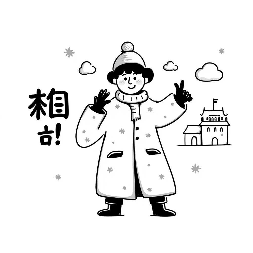 a rough expression northeastern Chinese person wearing heavy winter clothes, exaggerated pose, in a snowy northeast China background, with Chinese text '咋地！' emoji