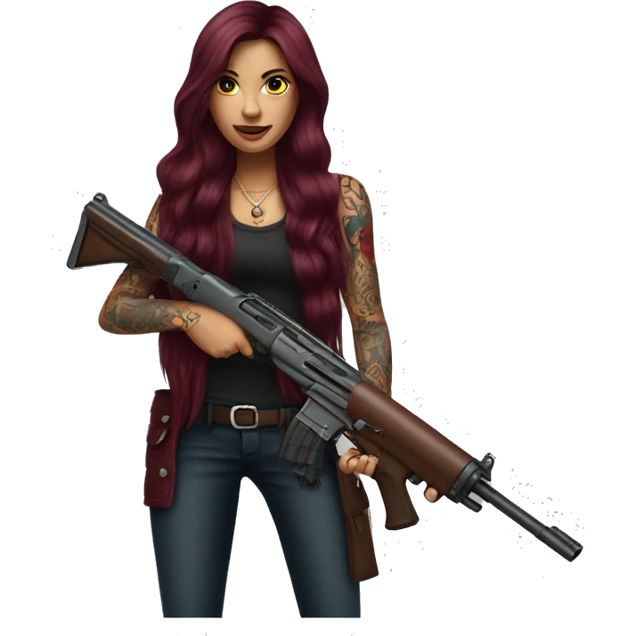 Beautiful tattooed burgundy long haired woman with a gun emoji