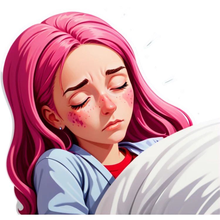 Young Woman with long pink hair In bed with sinus pain  emoji