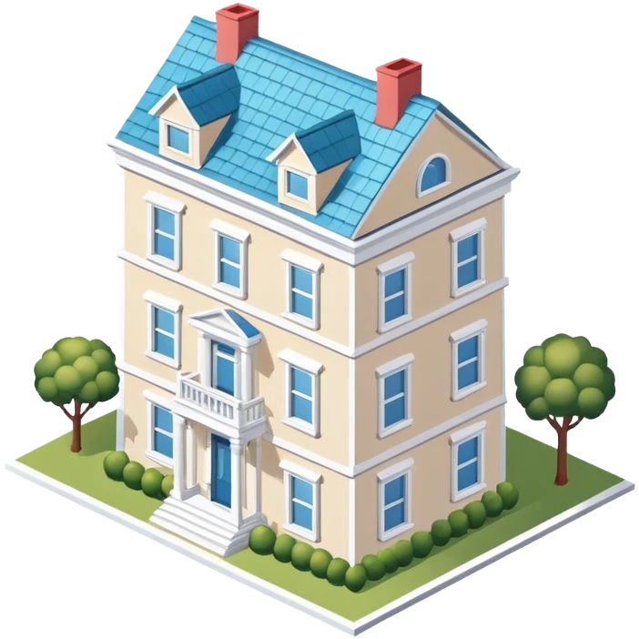 Upper East Side white townhouse exterior, isometric dollhouse-style, realistic emoji