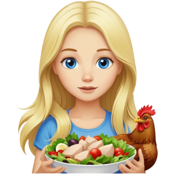 blonde girl with long hair and blue eyes eats salad and eats chicken emoji