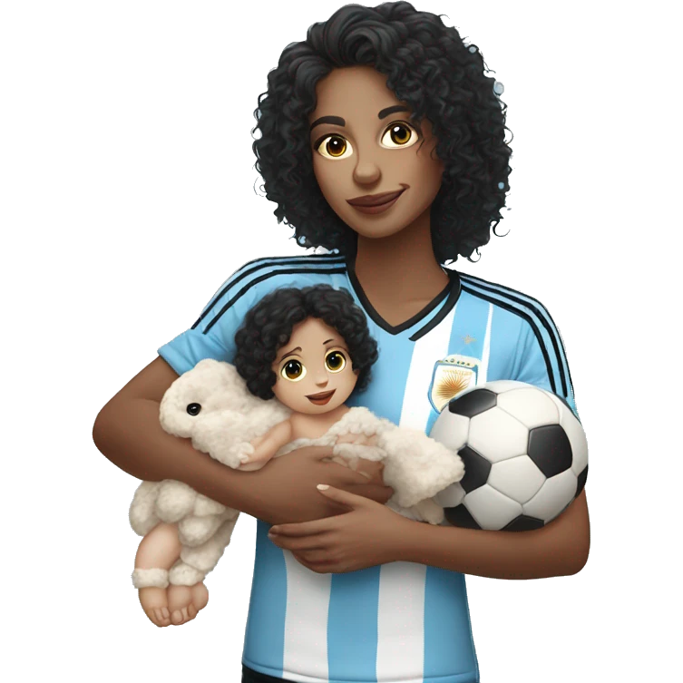 Girl with long black curly hair wearing Argentina jersey holding a baby  emoji