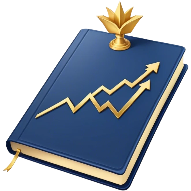 A navy blue productivity book with gold details, chart with upward trend aura, radiating productivity, strategy, and success in motion- emoji