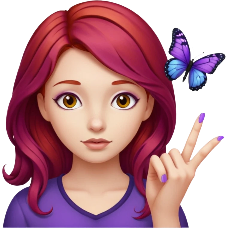 Purple butterfly resting on red haired girl finger emoji