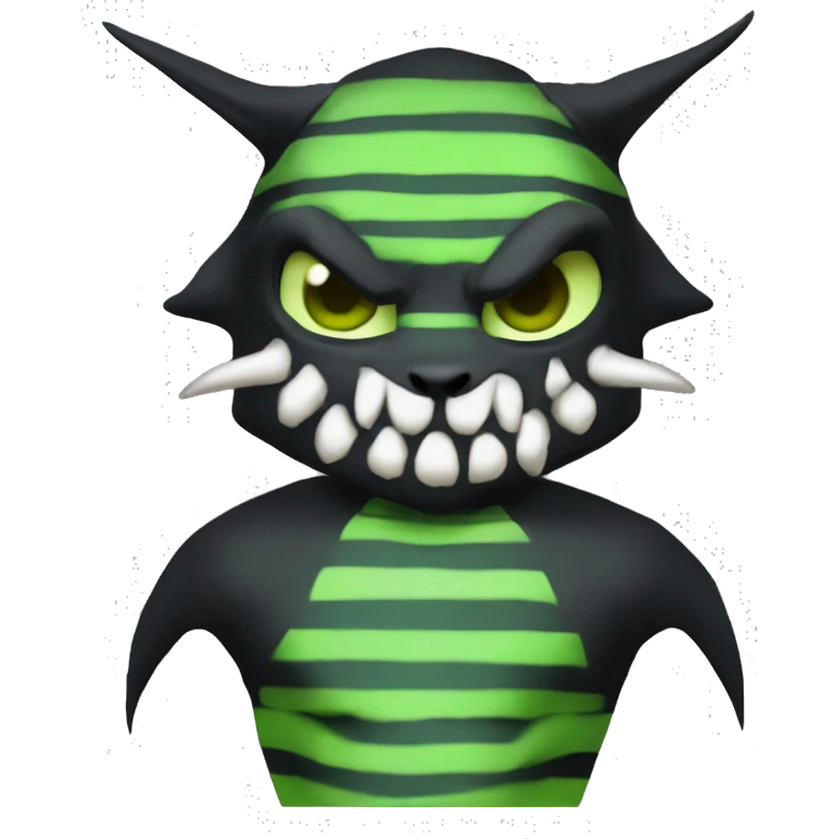 Digimon-Fakémon, horns, black body, green mane, anthro, furry, shark, black skull face, black skull mask, green stripes, tufted tail,  emoji