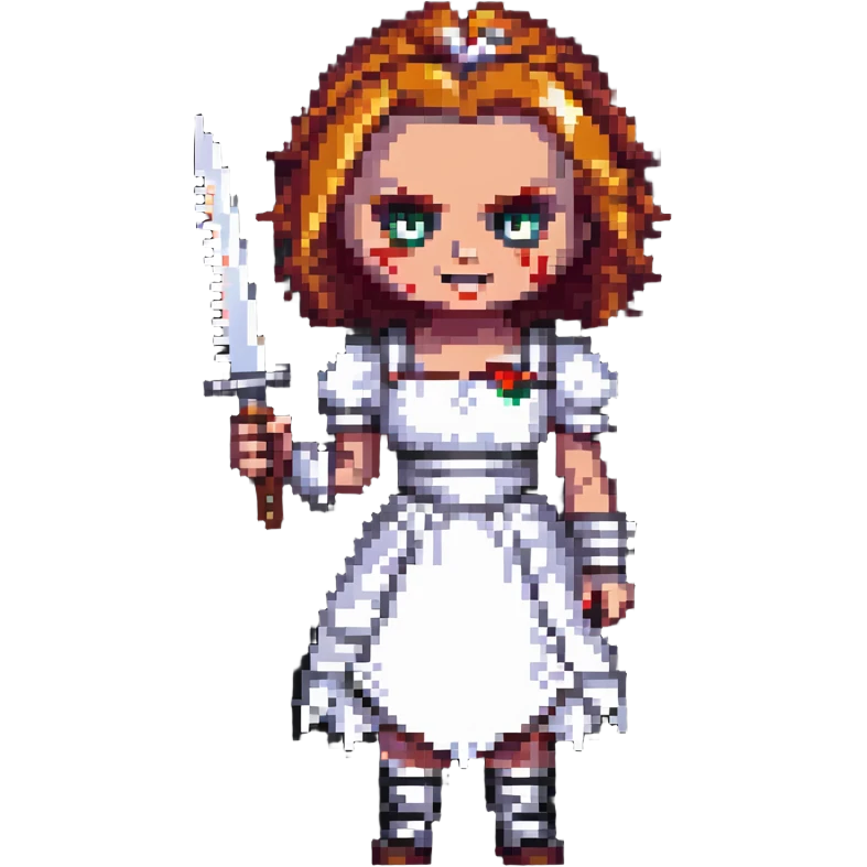 Chucky's bride with a mischievous expression holding a knife in pixel art style emoji