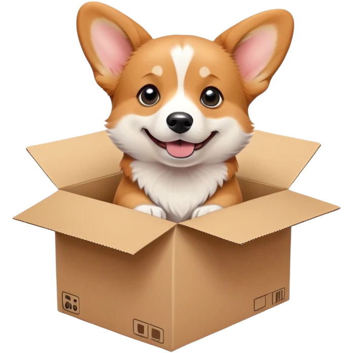  A very cute young corgi  with one's head tilted to one side poked its paws out of the cardboard big box and placed them on top of it emoji
