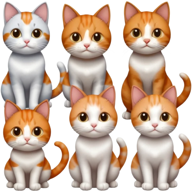 six cats of different colours: 1 small ginger and white, 1 small brown tabby and white, 1 small grey and white, 1 big grey and white, 1 mostly grey with white paws and small white patch on chest and 1 calico emoji