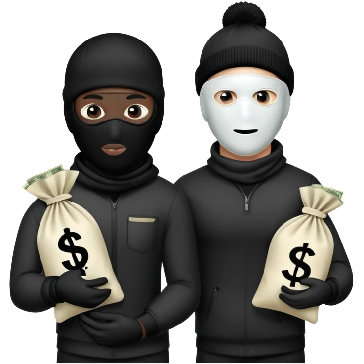 Two men one with white skin color and the other black skin color and both wearing black Ski masks holding money bag emoji