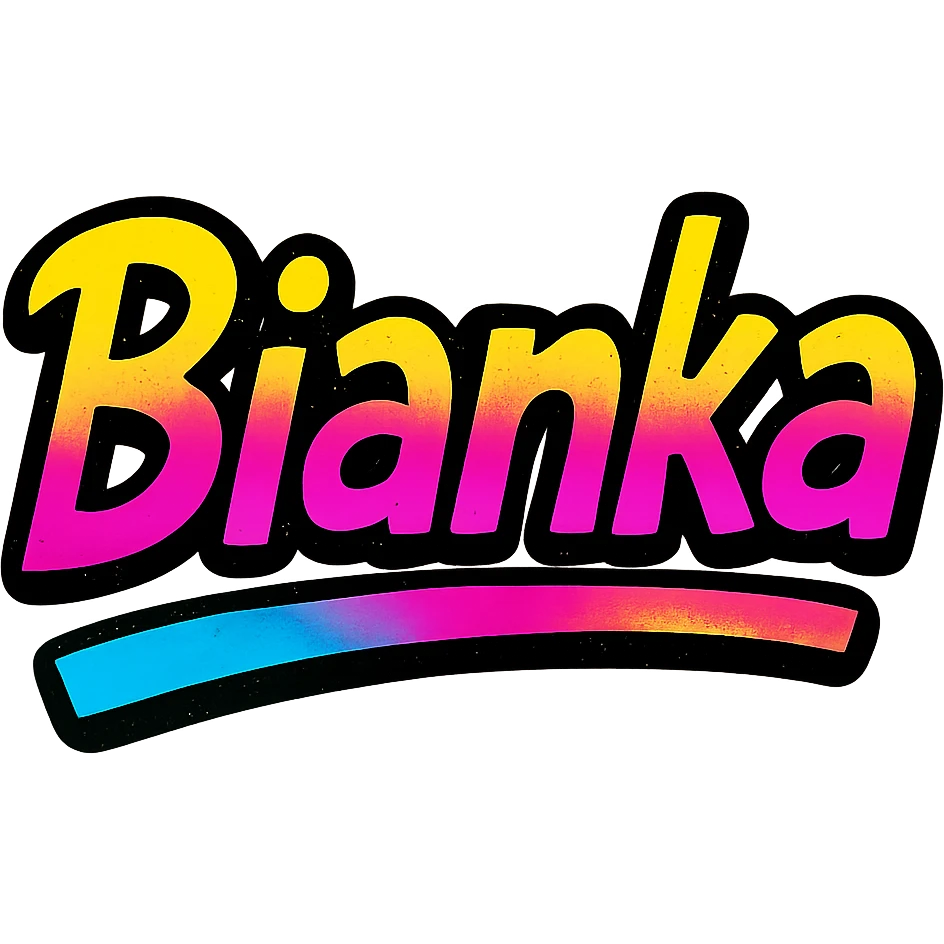 Bianka name in modern colorful gradient font with dark outline, dynamic slanted or partial underline, transparent background, in the style of reference patterns emoji