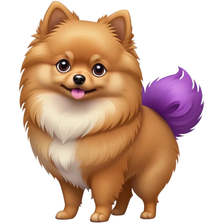 Tan Pomeranian dog standing with a purple and red tail emoji