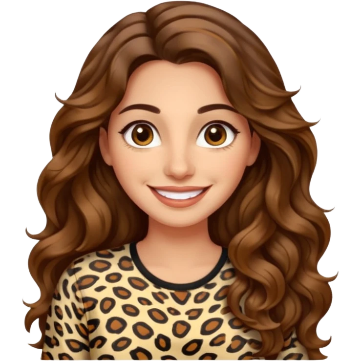 30 yr old italian woman, long brown wavy hair, big brown eyes, huge smile, animal print shirt, no bangs,  emoji