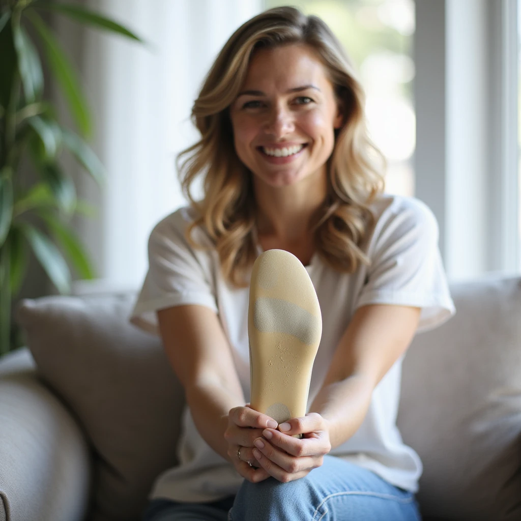 realistic style adult smiling woman showing relief and well-being in foot thanks to orthopedic insole, relaxed posture, insole visible in shoe, bright and positive environment emoji