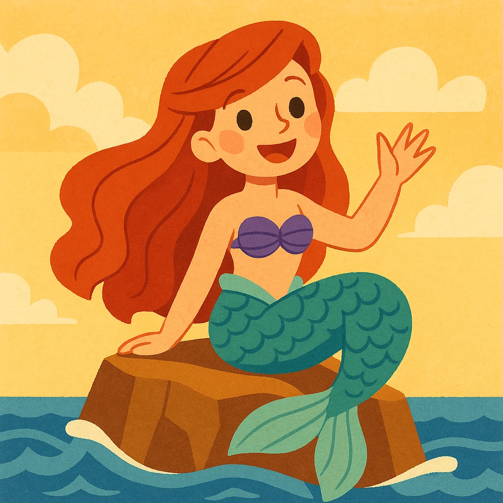The little mermaid, smiling and waving from a rock, in a soft, storybook illustration style. emoji