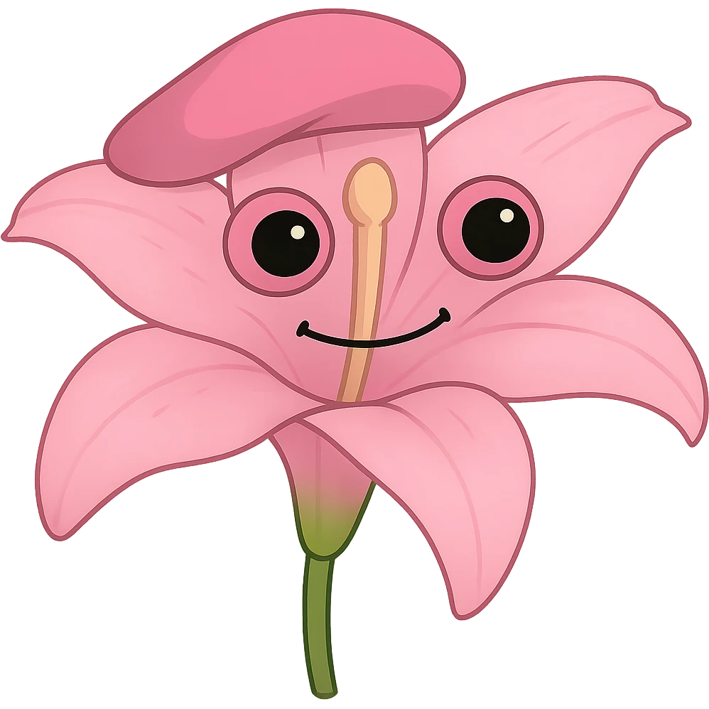 Create two versions of a lily flower: one pink and one maroon, in the style of green bufo frog meme. The style is bufo-like with no background. emoji
