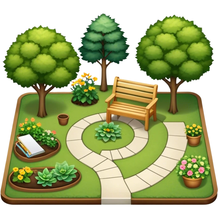Icon for Landscape Design: a garden layout with trees, plants, pathways, and outdoor furniture, along with design tools like a ruler and sketchpad. The icon should represent the creativity and planning behind landscape design. Transparent background. emoji