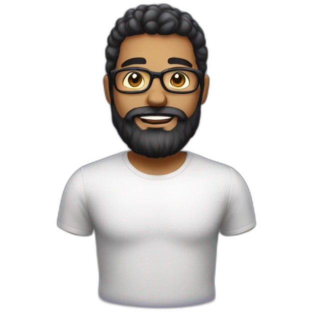 Homem branco com barba barba grande, cabelo preto, usa óculos emoji
