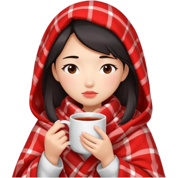 cute and sexy asian girl, feeling sick up, nose and cheecks red by blush, covered by blanket, holding tea mug in hands emoji