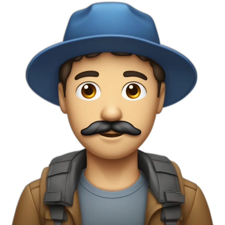 un garçons brun cheveux mi long un raie au milieux avec écouteur yeux bleus casquette et moustache peau normal emoji