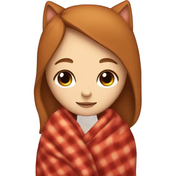 A white girl with brown hair sleeps with a red cat in a blanket emoji