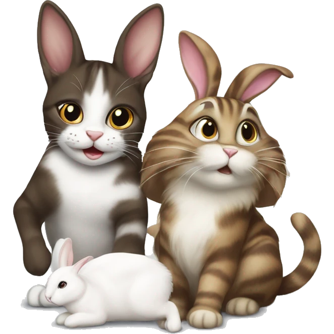 Dark brown and white Tabby Cat playing with a white bunny emoji
