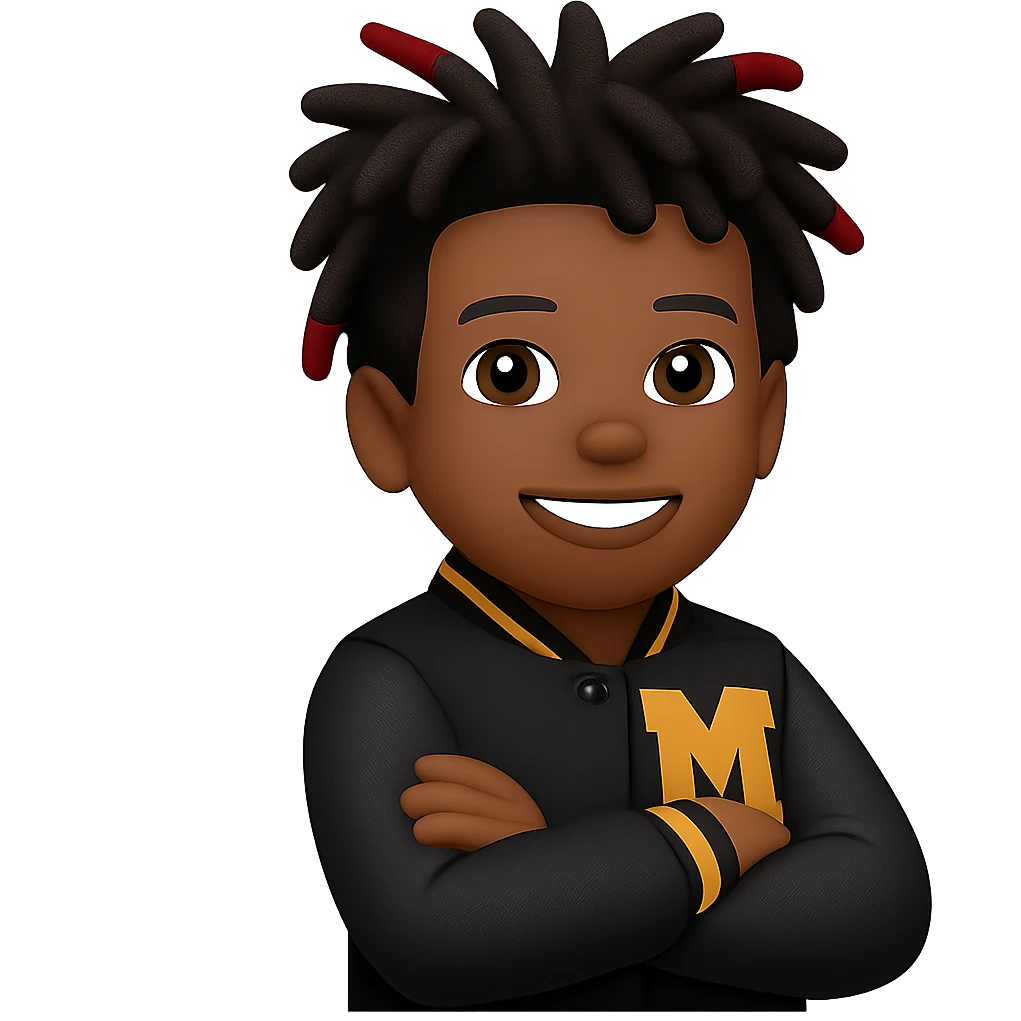 Create a male African American emoji with the hairstyle and features from the reference photo, wearing a letterman jacket with an M on it, arms crossed and smiling. No background. emoji
