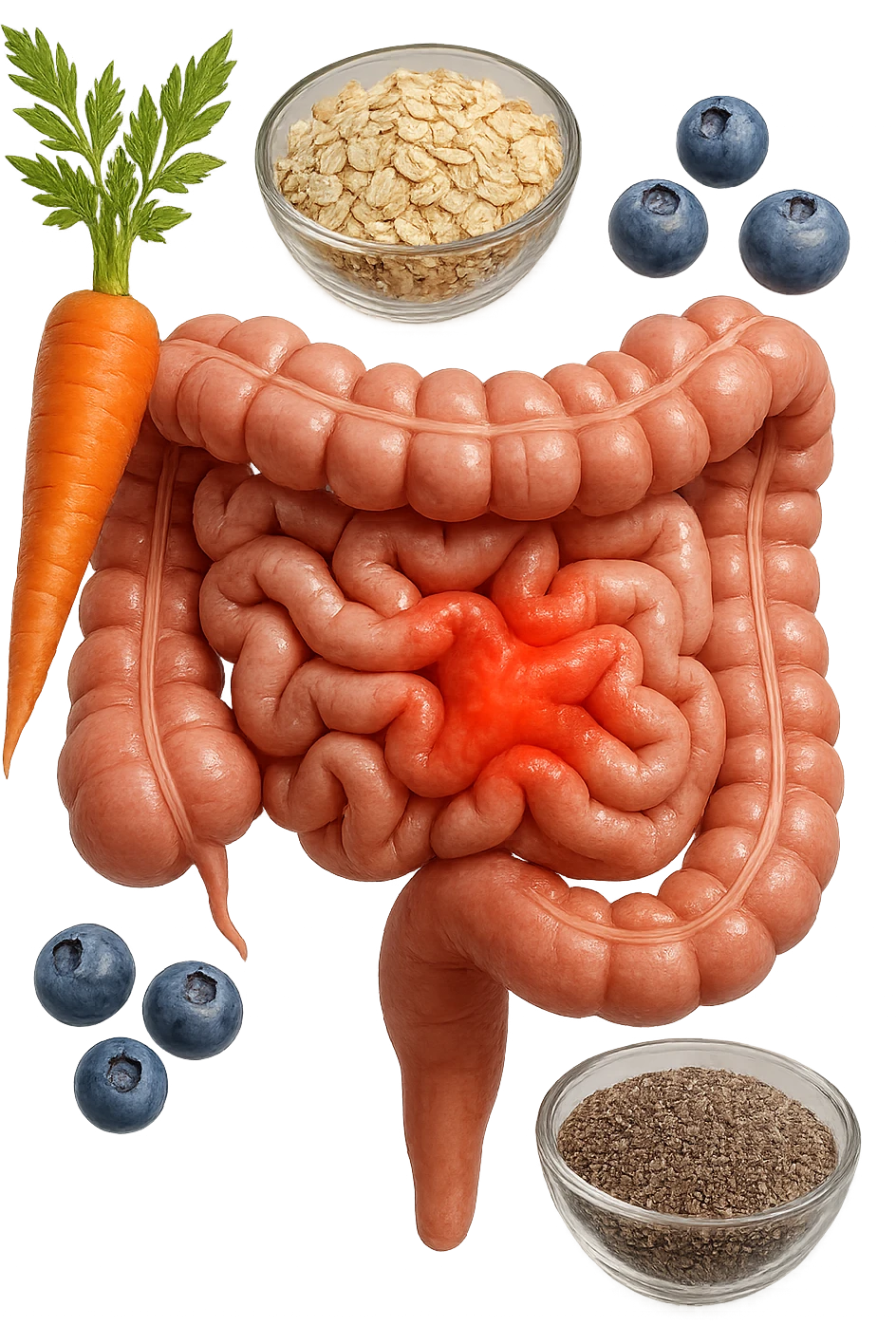 intestino umano anatomico infiammato al centro con carota, bowl di avena, mirtilli, bowl di semi di chia che gli fluttuano intorno , iperrealistico 4k emoji