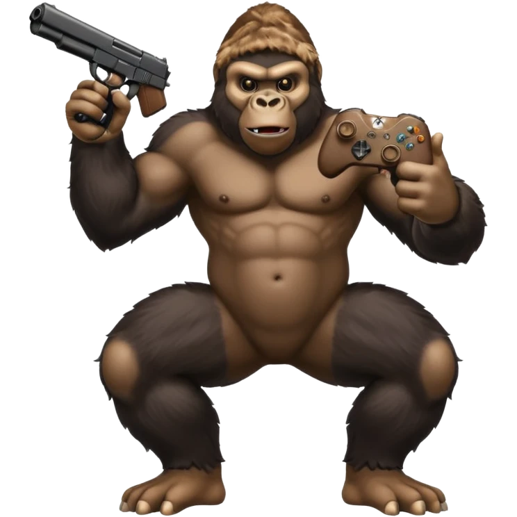 A gorilla holding a gun in the air with a Xbox controller  emoji