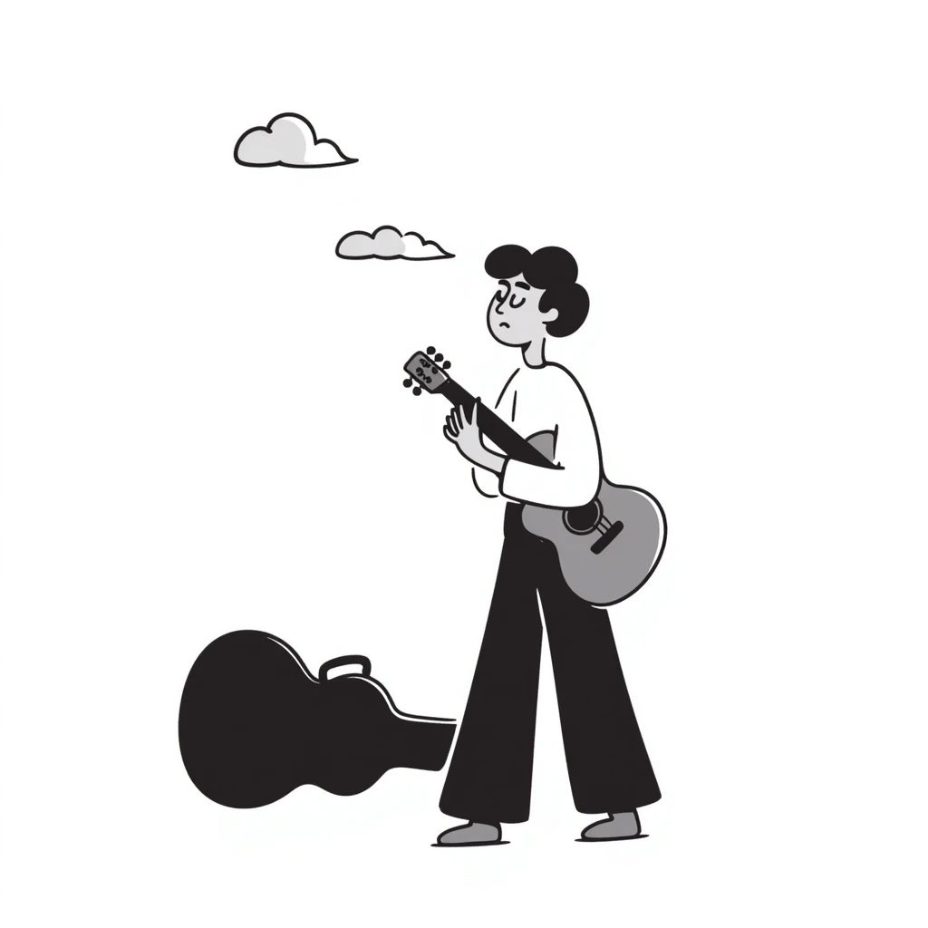 A musician playing guitar with head tilted up towards the sky, with clouds in the background, sad worried expression on face, concerned look, hoping for an opportunity emoji