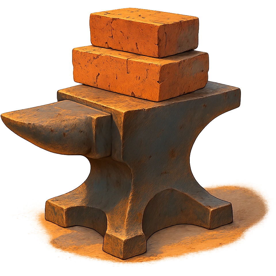 ghibli style anvil with bricks stacked on top, warm lighting emoji