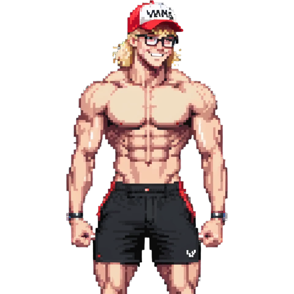 Skinny man with muscular definition, black and white cap with VANOMAS text, bare torso, red shorts, clear glasses, messy light blond hair, flexing muscles and smiling emoji