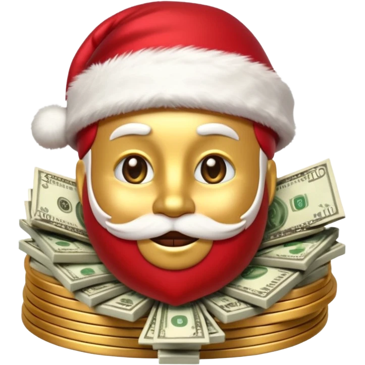 A confident rich emoji face wearing a Santa hat, money stacks, casino vibe, New Year theme, premium 3D emoji style, sharp details, no text, isolated on transparent background emoji