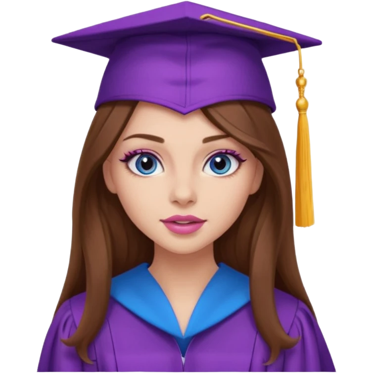 girl with gorgeous long brown hair, blue eyes, long lashes makeup, sexy pink lips, wearing a purple graduation cap and gown emoji